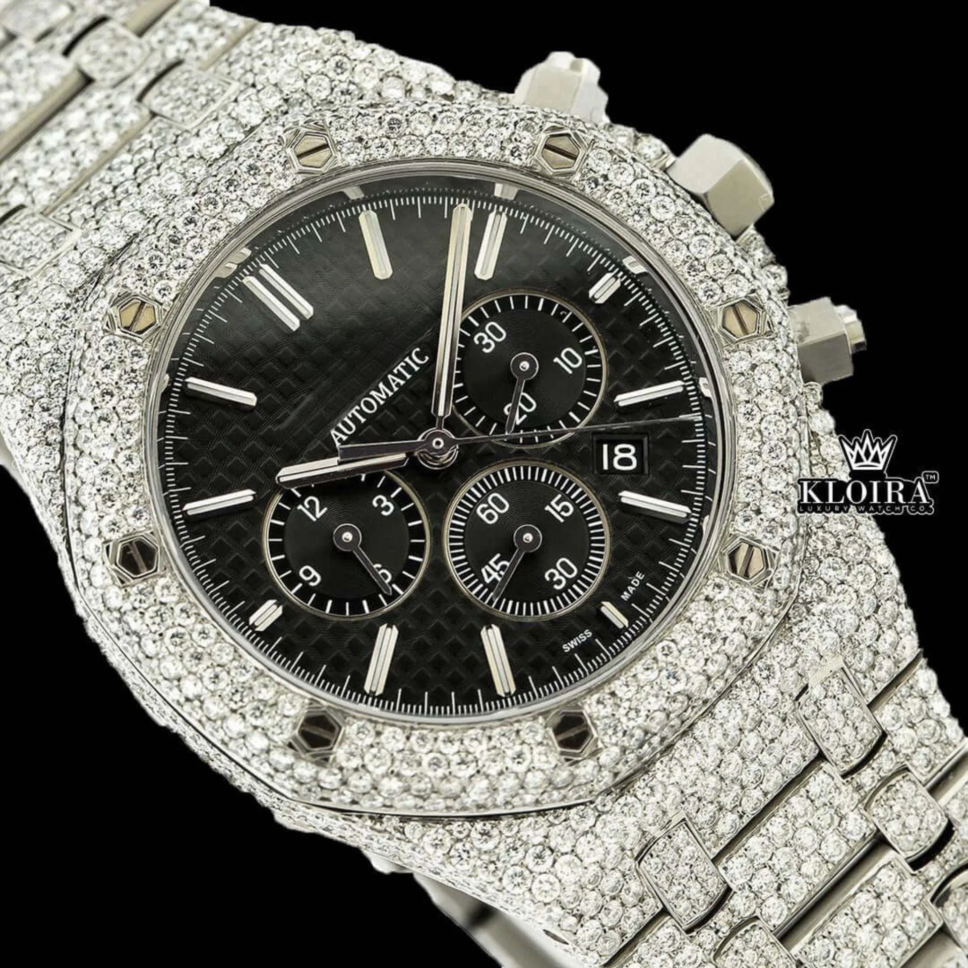 Fully Iced Out Black Dial Chronograph Moissanite Diamond Watch Close Up Dial View