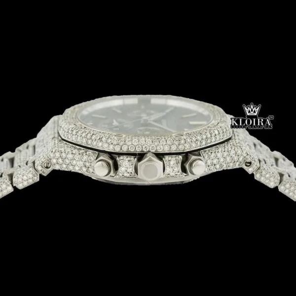Fully Iced Out Black Dial Chronograph Moissanite Diamond Watch Crown View