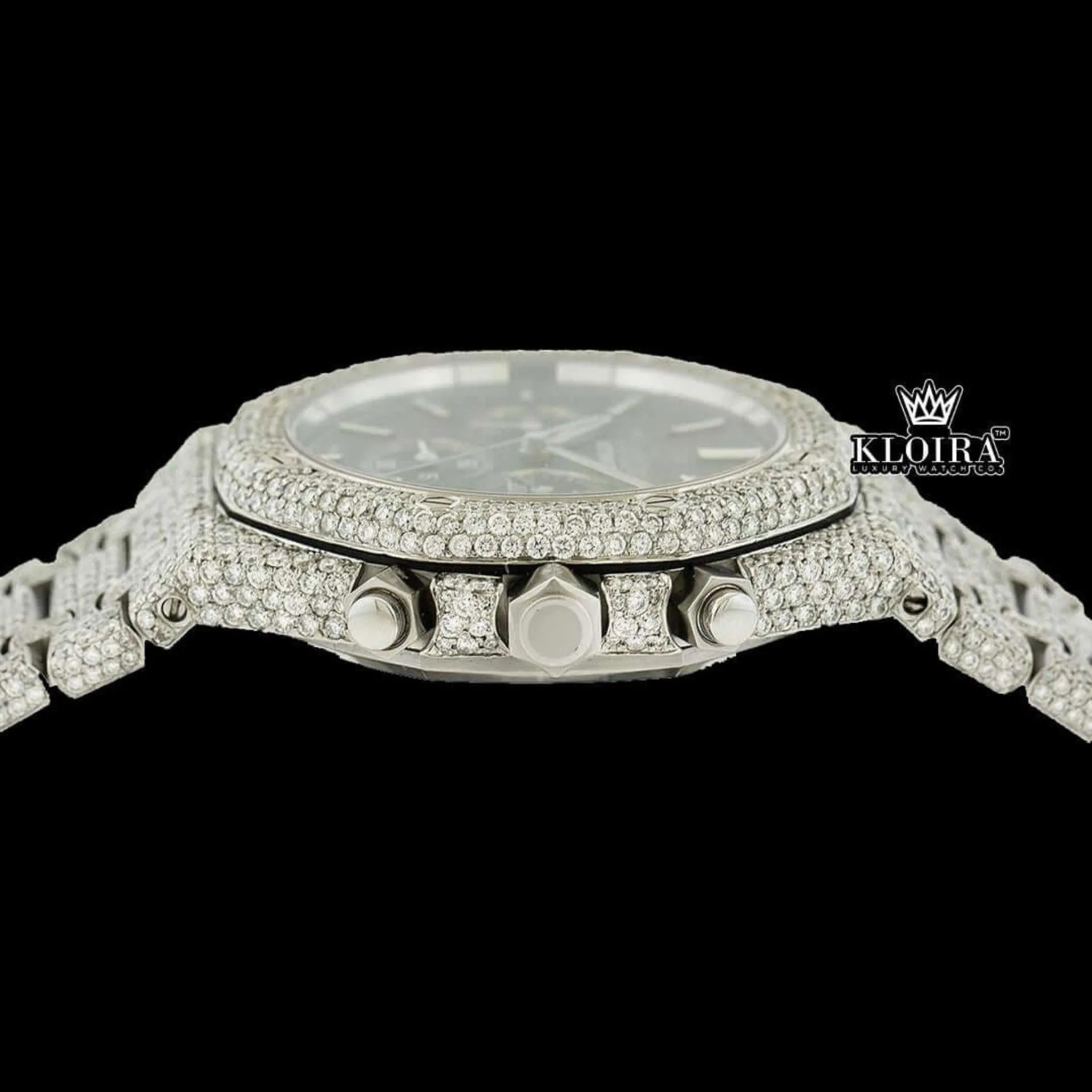 Fully Iced Out Black Dial Chronograph Moissanite Diamond Watch Crown View