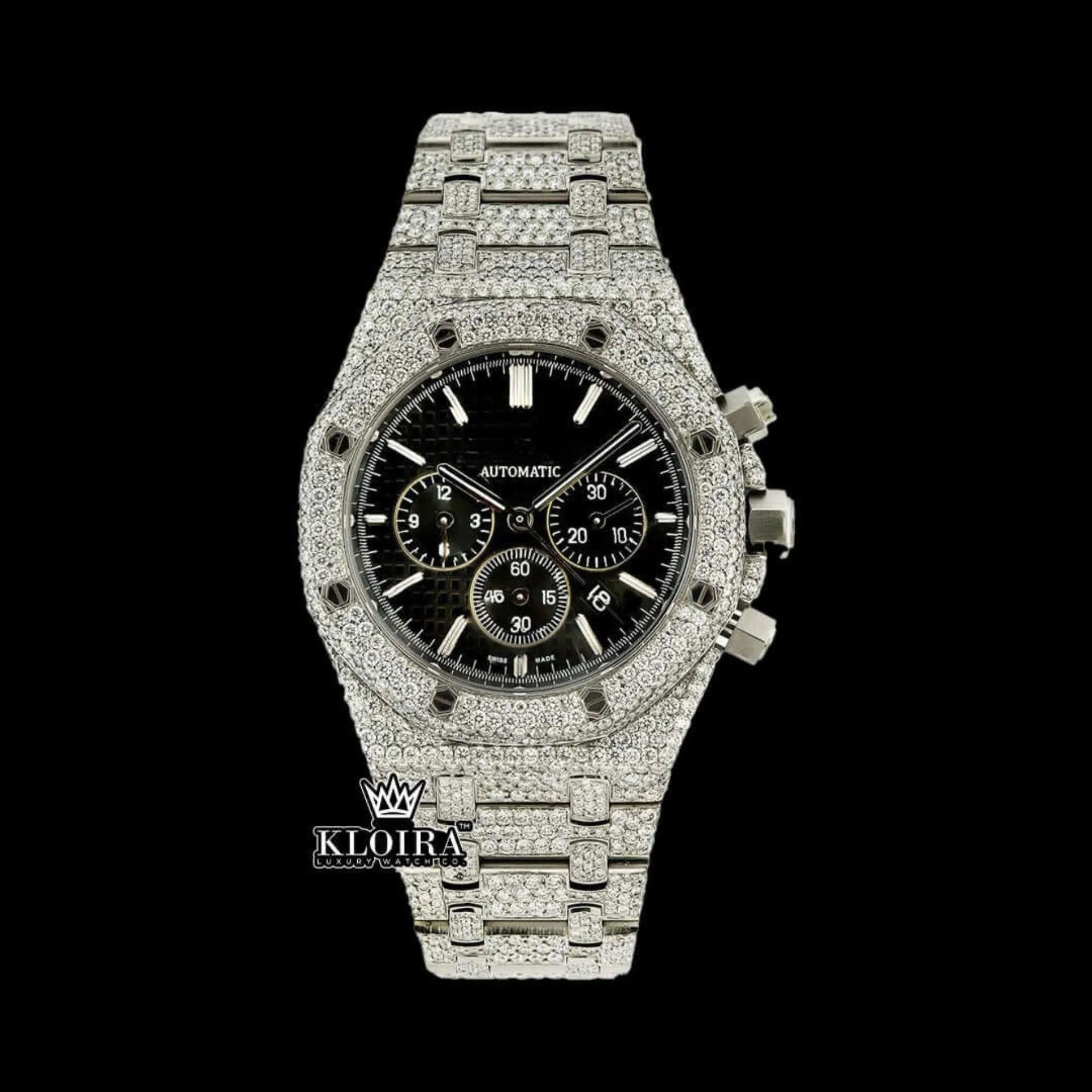 AP Royal Oak Moissanite Diamond Watch with Black Dial and Iced-Out Bracelet