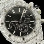 Fully Iced Out Black Dial Chronograph Moissanite Diamond Watch Full Close Up Dial View