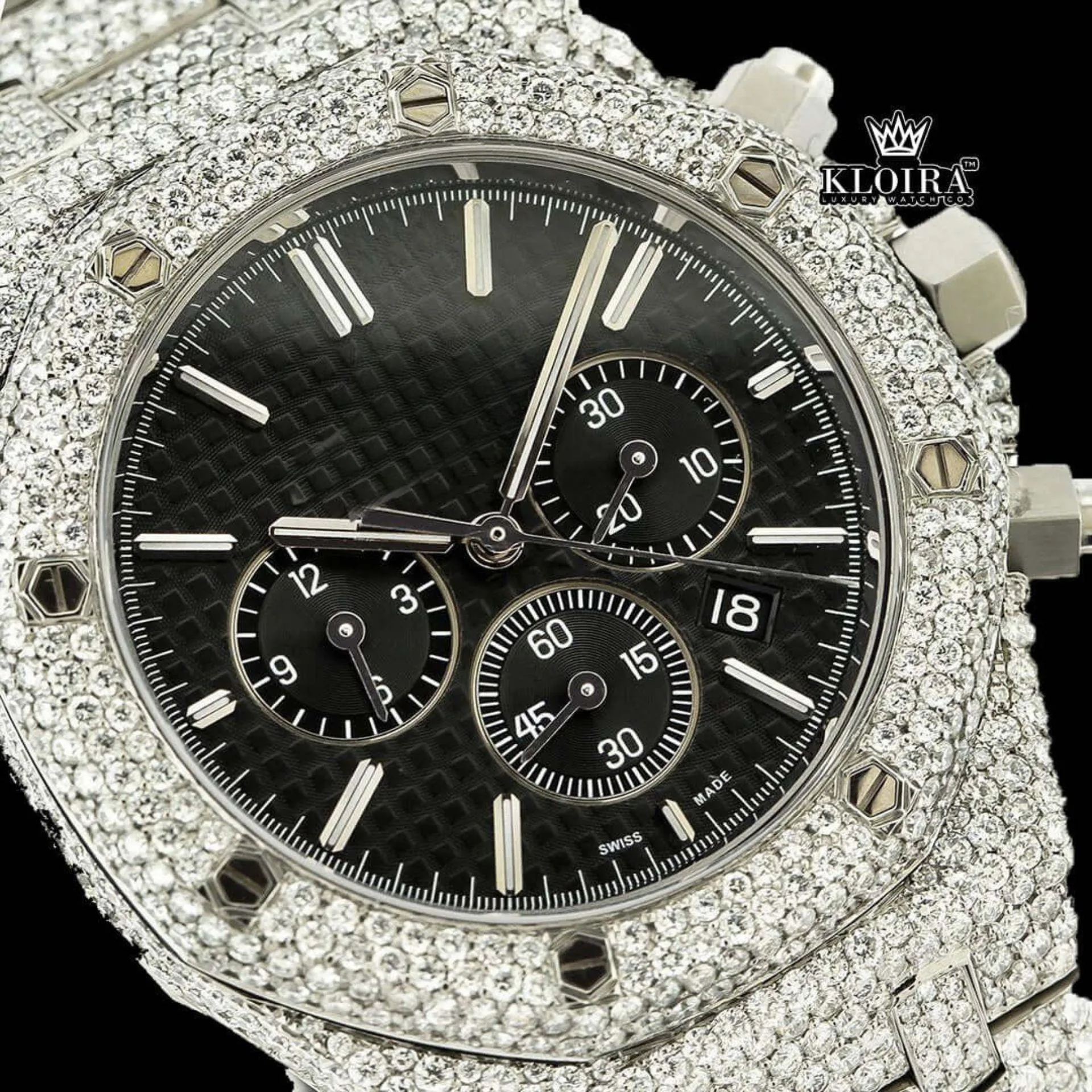 Fully Iced Out Black Dial Chronograph Moissanite Diamond Watch Full Close Up Dial View
