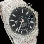 Fully Iced Out Black Dial Stick Markers Moissanite Diamond Watch Close Up Dial View