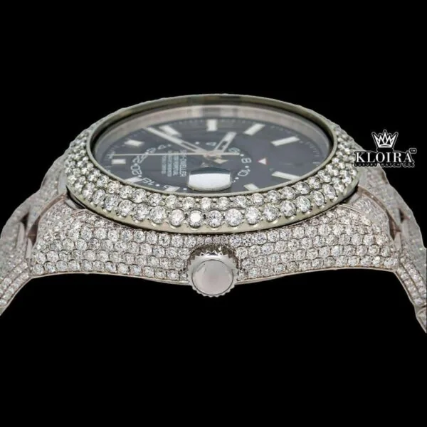 Fully Iced Out Black Dial Stick Markers Moissanite Diamond Watch Crown View