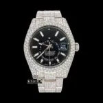 Roles Fully Iced Out Black Dial Stick Markers Moissanite Watch