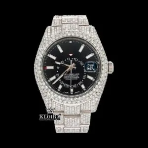Roles Fully Iced Out Black Dial Stick Markers Moissanite Watch