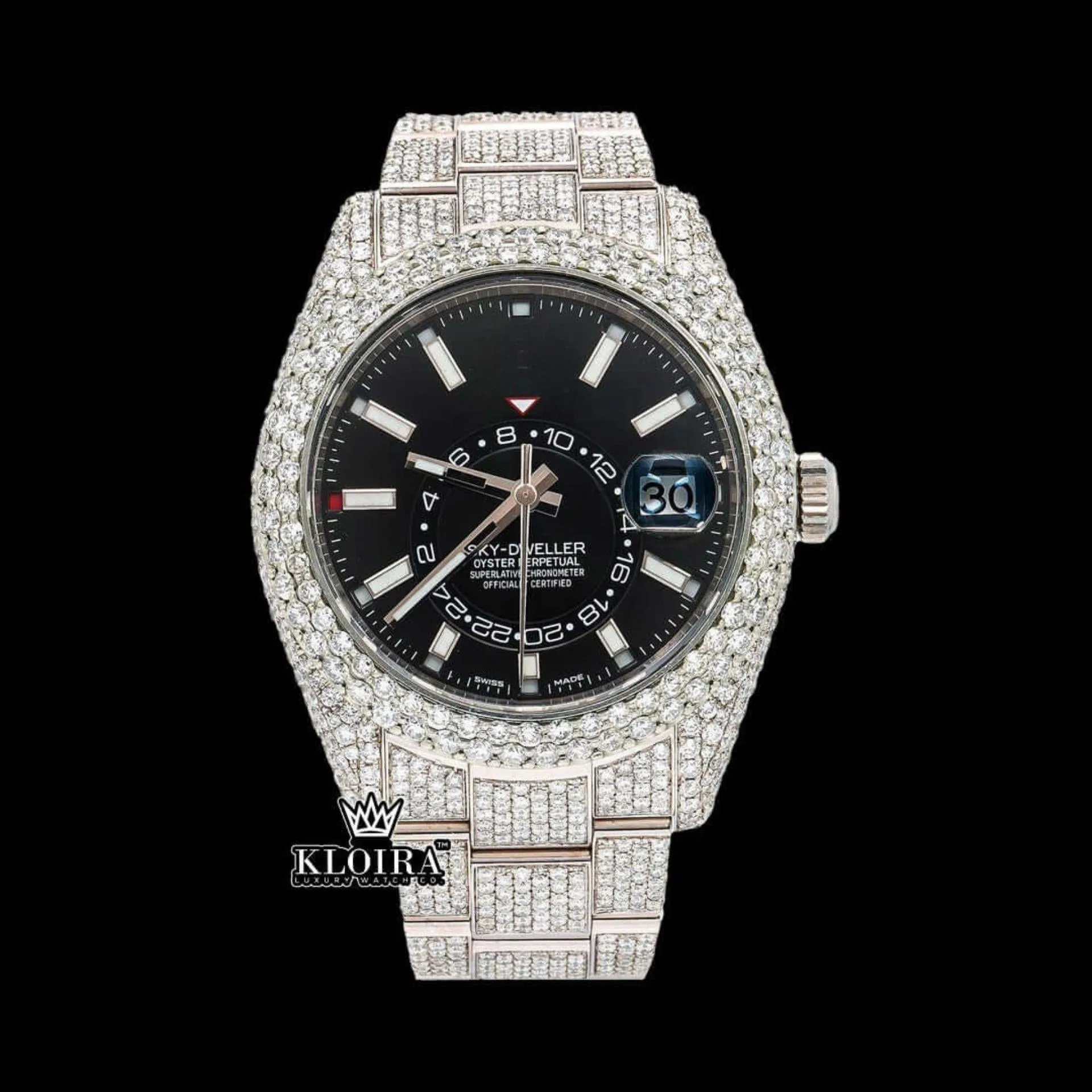 Roles Fully Iced Out Black Dial Stick Markers Moissanite Watch with Rose Gold Accents