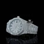 Fully Iced Out Black Stick Markers White Dial Moissanite Watch Close Up Dial View