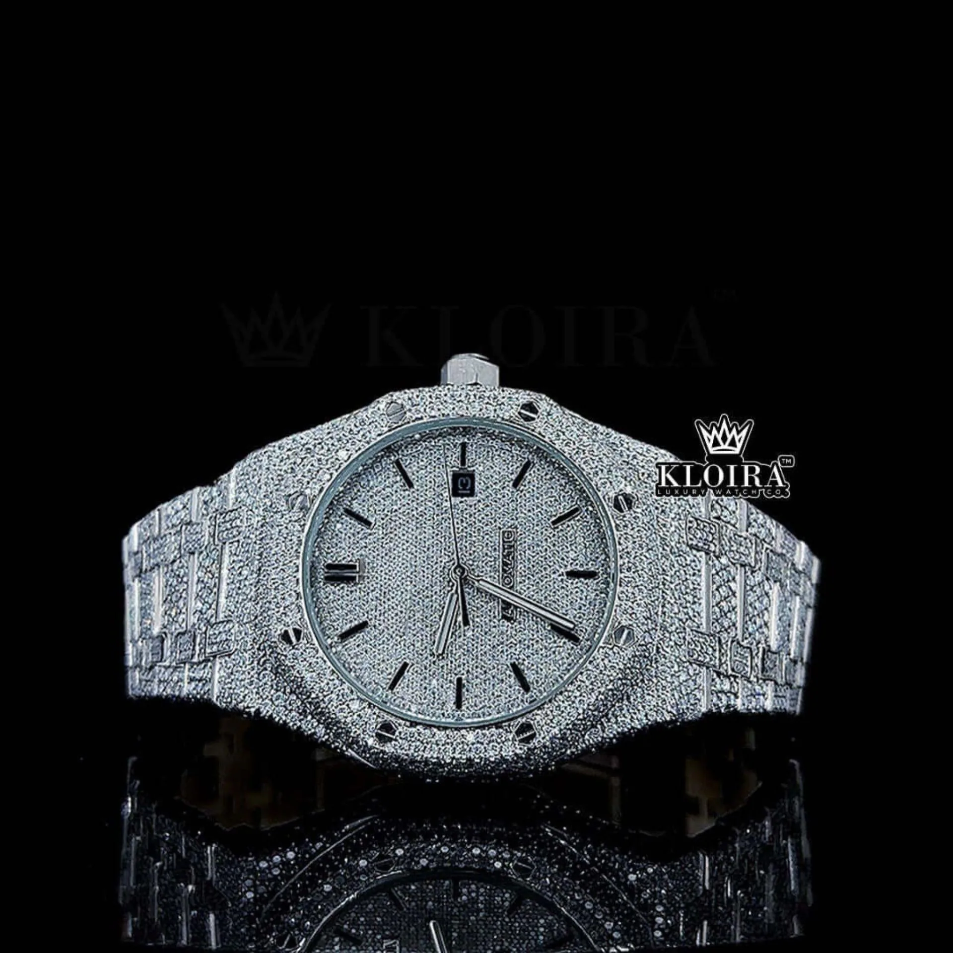 AP Fully Iced Out Moissanite Watch with White Dial and Black Stick Markers