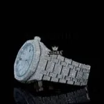 Fully Iced Out Black Stick Markers White Dial Moissanite Watch Left Profile View