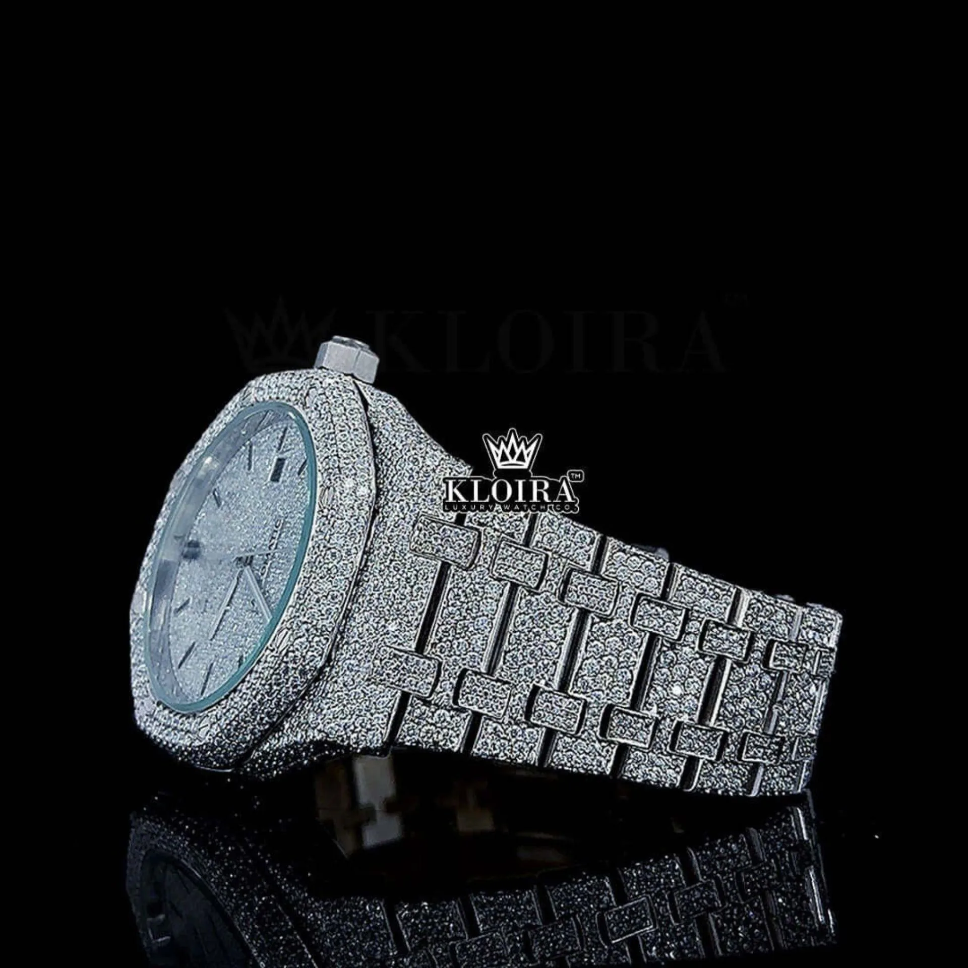 Fully Iced Out Black Stick Markers White Dial Moissanite Watch Left Profile View