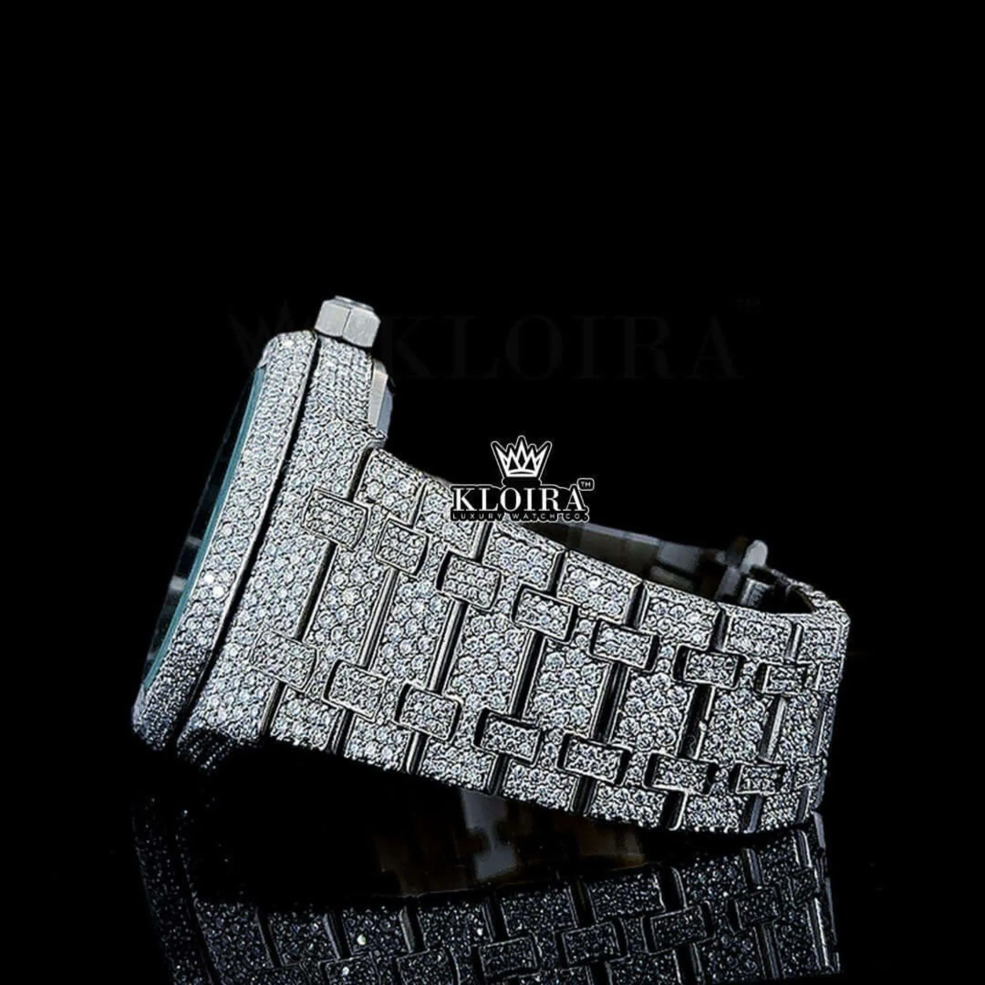 Fully Iced Out Black Stick Markers White Dial Moissanite Watch Left Side View