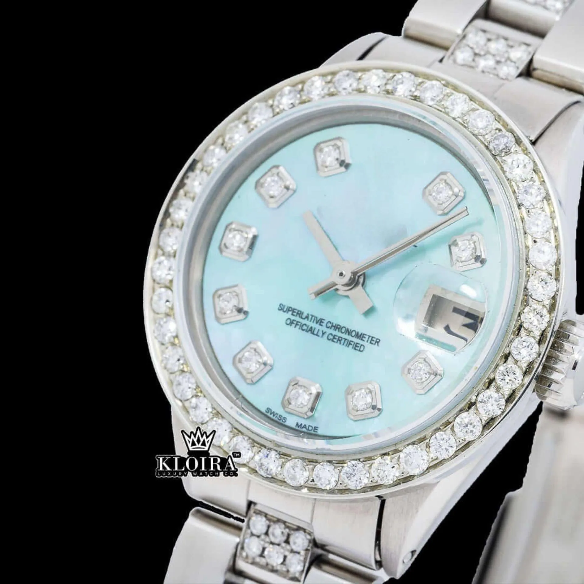 Fully Iced Out Blue Dial Diamond Markers Moissanite Watch Close Up Dial View