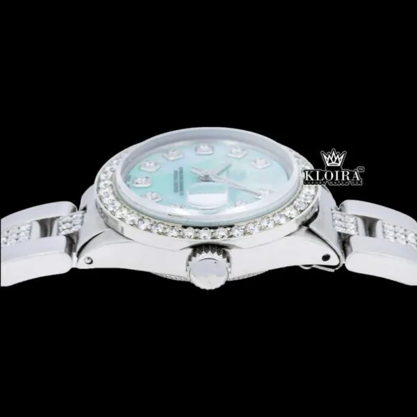 Fully Iced Out Blue Dial Diamond Markers Moissanite Watch Crown View