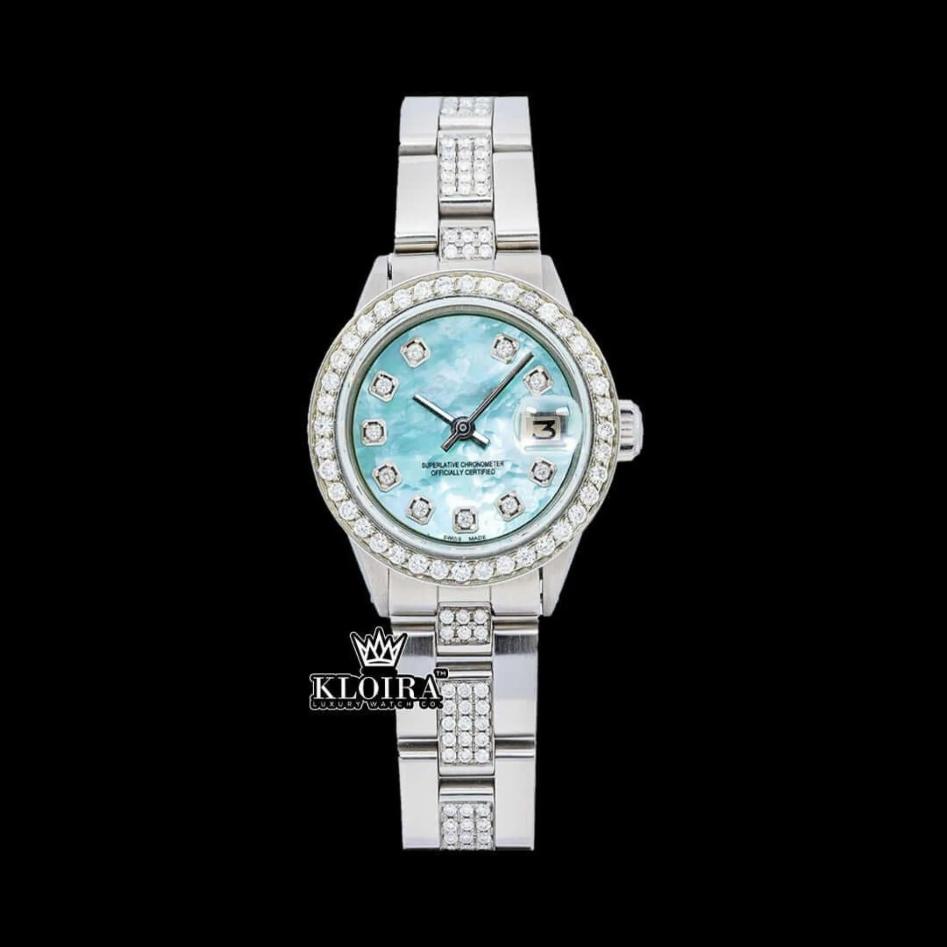 Roles Fully Iced Out Moissanite Watch with Blue Dial and Diamond Markers
