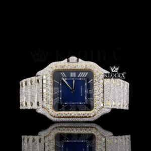 Cartior Fully Iced Out Blue Dial Moissanite Diamond Watch