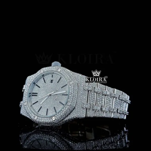 Fully Iced Out Date Display Dial Moissanite Diamond Close Up Front View