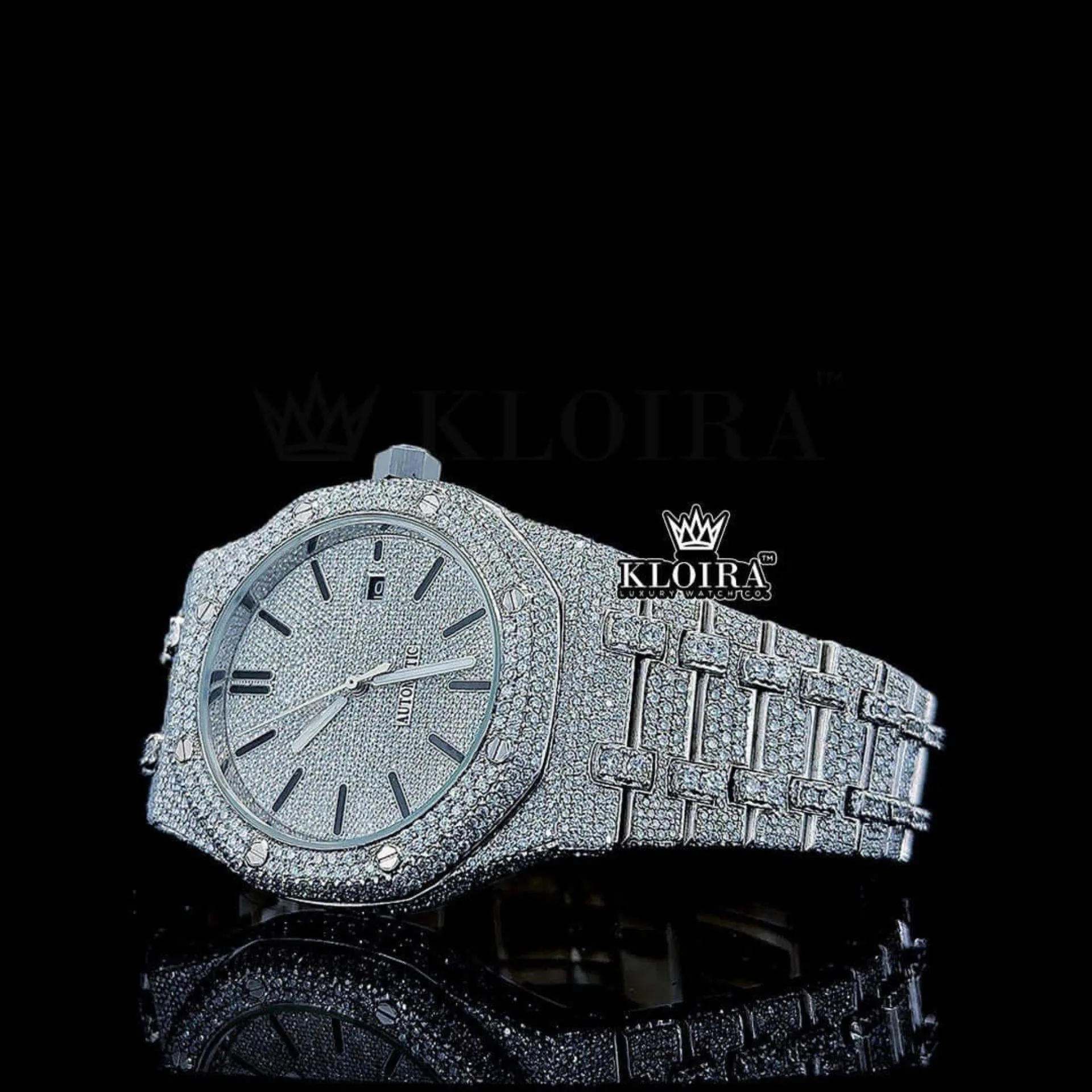 Fully Iced Out Date Display Dial Moissanite Diamond Close Up Front View