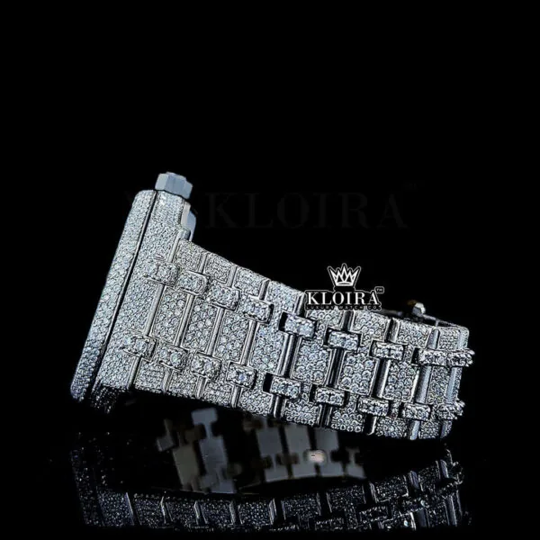 Fully Iced Out Date Display Dial Moissanite Diamond Left Side View