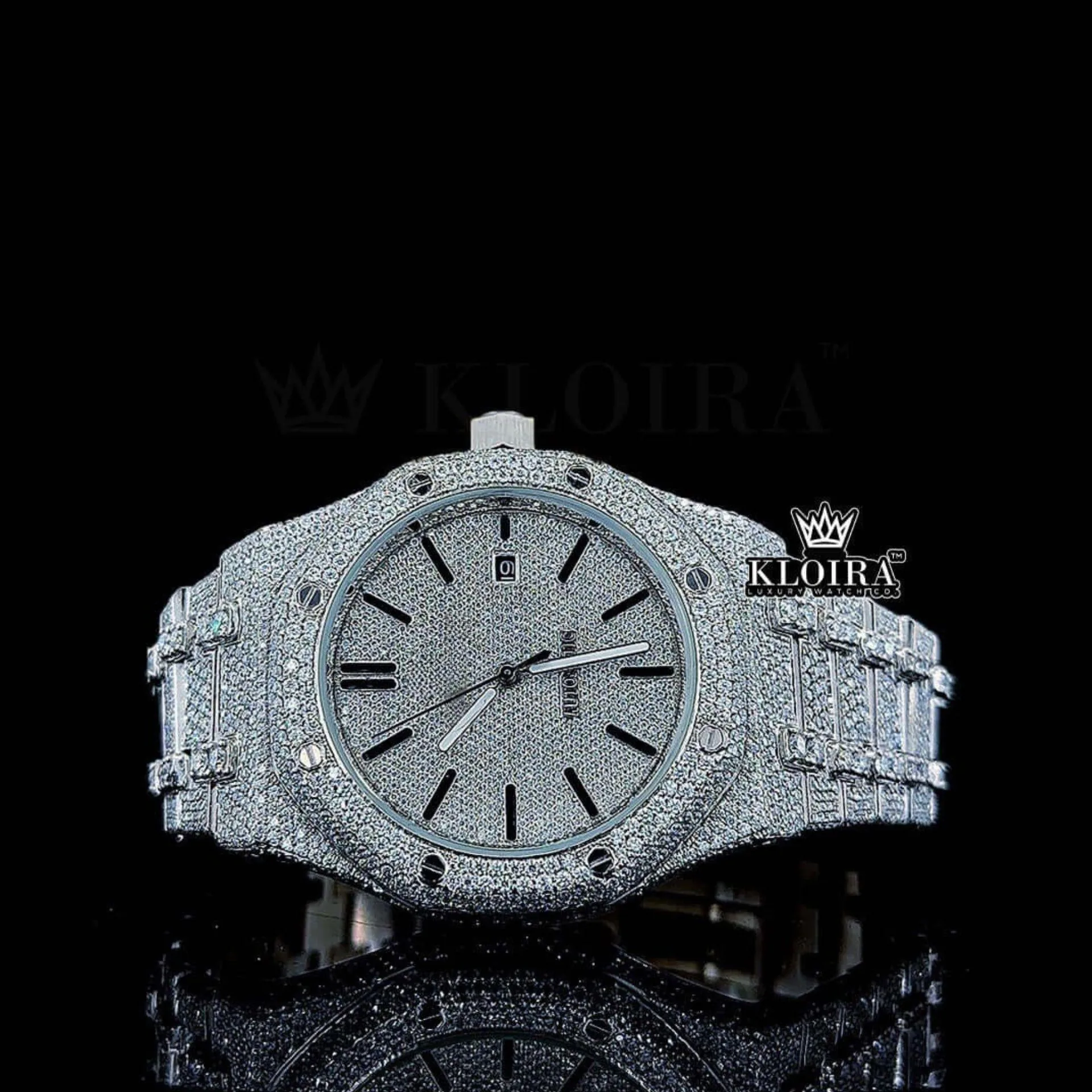 AP Fully Iced Out Date Display Dial Moissanite Watch with White Gold Details