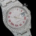 Fully Iced Out Date Display Red Roman Numeral Moissanite Diamond Watch Close Up Dial View