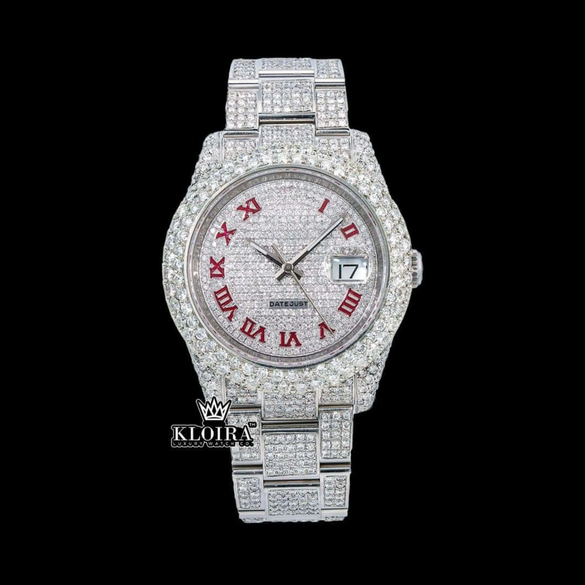 Roles Fully Iced Out Date Display Moissanite Diamond Watch with Roman Numerals