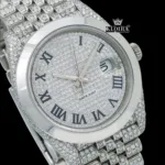 Fully Iced Out Dial Black Roman Numerals Plane Bezel Moissanite Diamond Watch Close Up Dial View