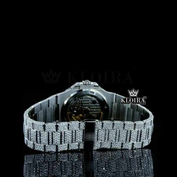 Fully Iced Out Diamond Marker White Dial Moissanite Diamond Watch Caseback View