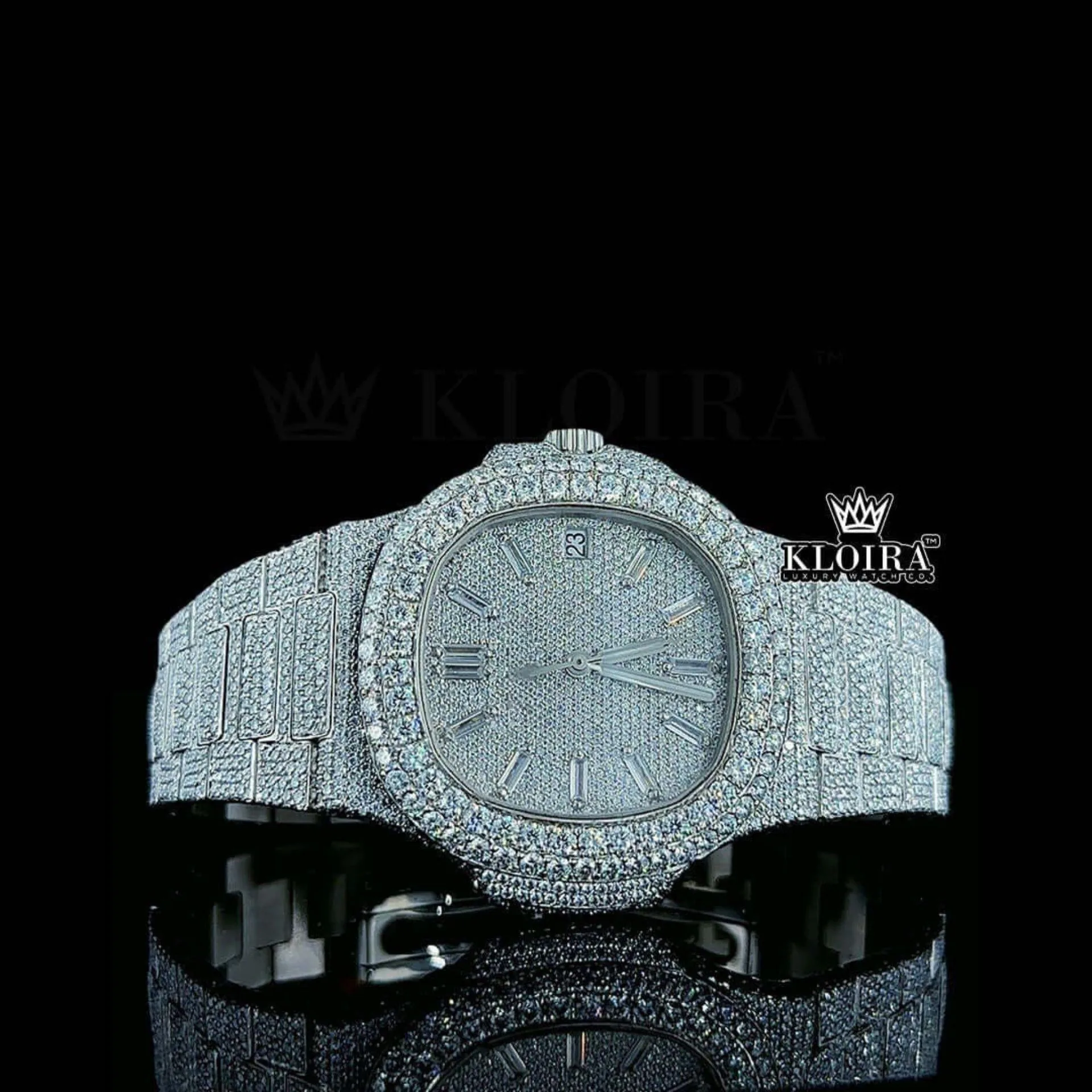 Patik Philippe Fully Iced Out Moissanite Diamond Watch with white dial and diamond markers