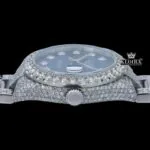 Fully Iced Out Diamond markers Blue Dial Moissanite Watch Crown View