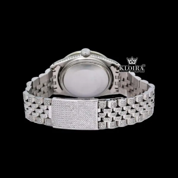 Fully Iced Out Diamond Markers Green Dial Moissanite Diamond Watch Caseback View