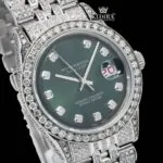 Fully Iced Out Diamond Markers Green Dial Moissanite Diamond Watch Close Up Dial View