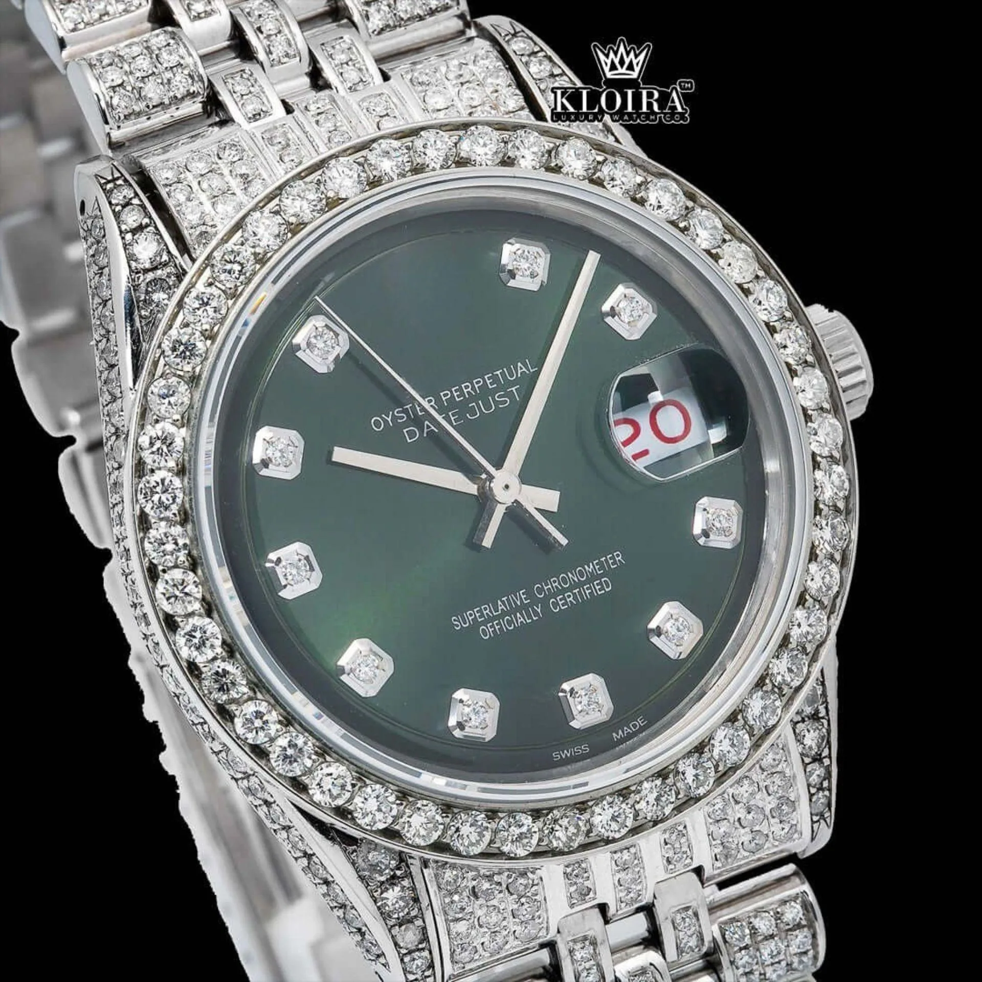 Fully Iced Out Diamond Markers Green Dial Moissanite Diamond Watch Close Up Dial View