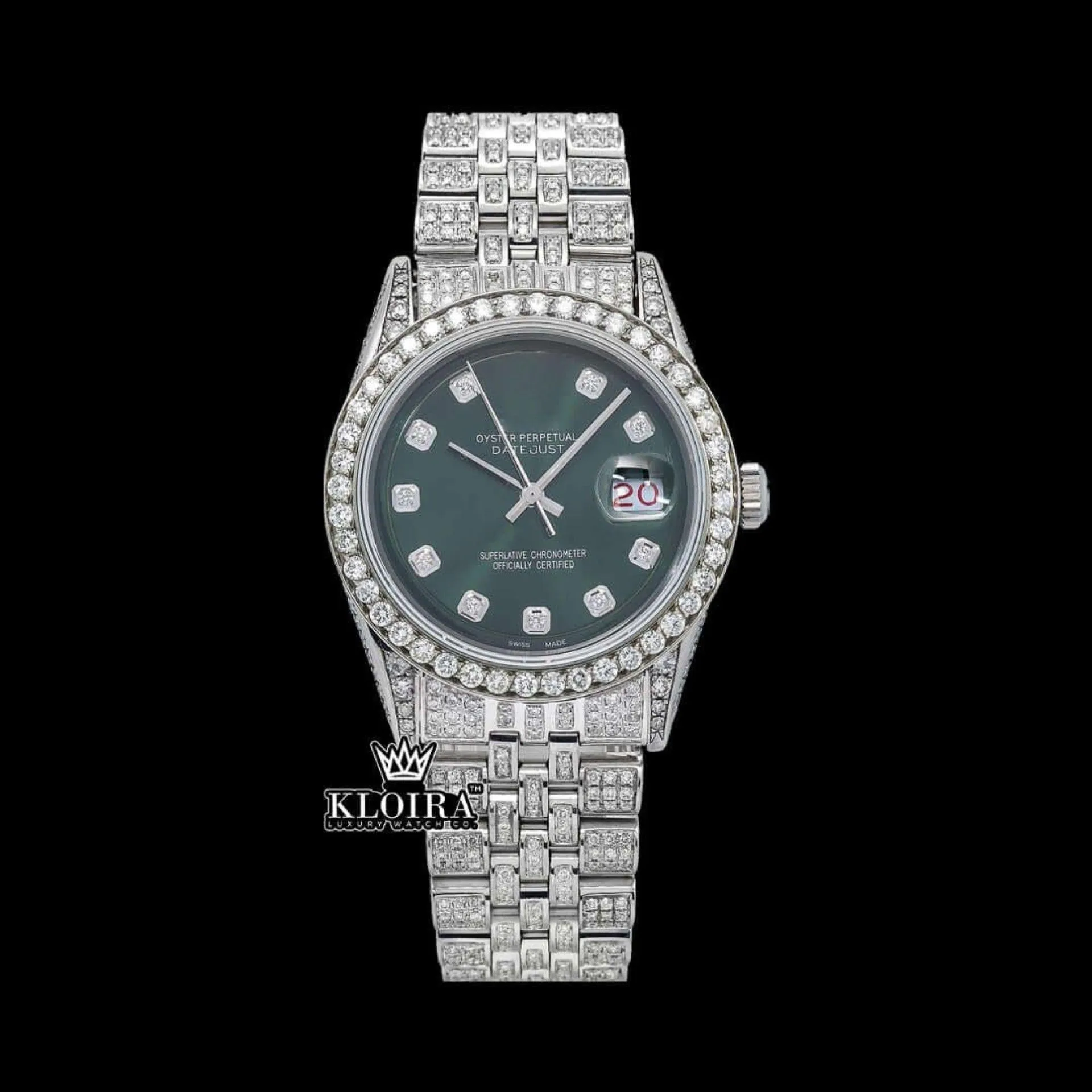 Roles Fully Iced Out Moissanite Diamond Watch with Green Dial and Diamond Markers