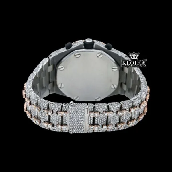 Fully Iced Out Dual Tone Moissanite Chronograph Diamond Watch Caseback View