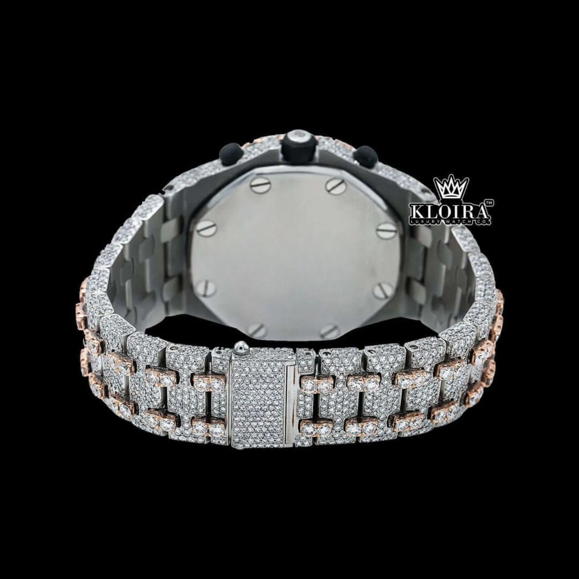Fully Iced Out Dual Tone Moissanite Chronograph Diamond Watch Caseback View