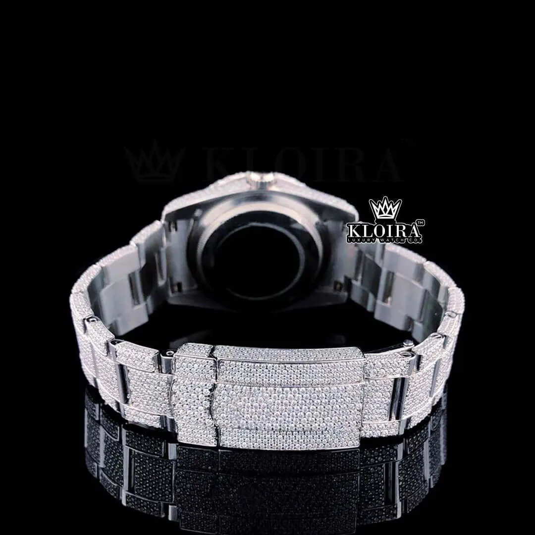 Fully Iced Out Green Dial Roman Numerals Moissanite Diamond Watch Caseback View