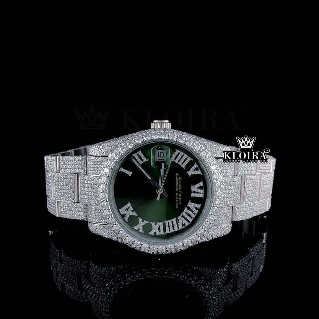 Roles Fully Iced Out Green Dial Moissanite Diamond Watch with Roman Numerals