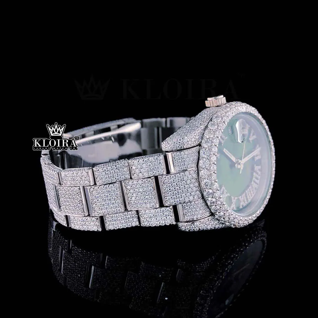 Fully Iced Out Green Dial Roman Numerals Moissanite Diamond Watch Right Side View