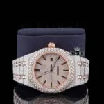 Fully Iced Out Moissanite Diamond Watch Two Tone Rose Gold Close Up Front View