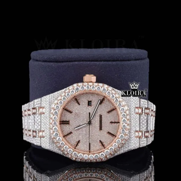 Fully Iced Out Moissanite Diamond Watch Two Tone Rose Gold Close Up Front View