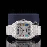 Fully Iced Out Rainbow Roman Numerals Dial Natural Diamond Watch Close Up Front View