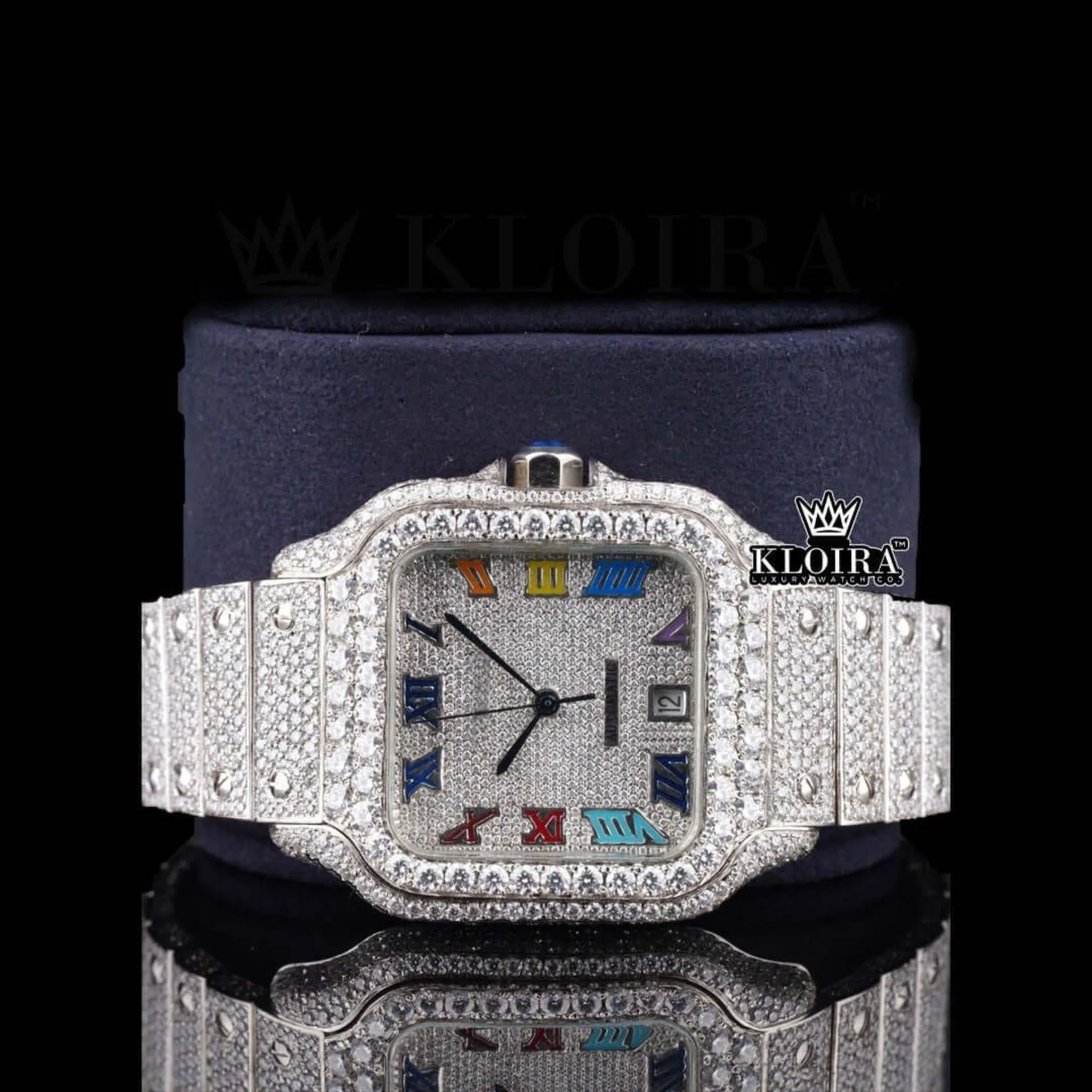 Fully Iced Out Rainbow Roman Numerals Dial Natural Diamond Watch Close Up Front View
