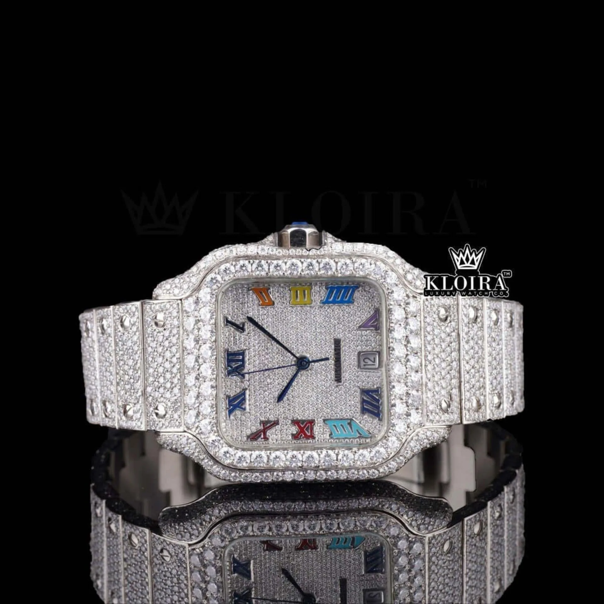 Cartior Fully Iced Out Rainbow Roman Numerals Dial Watch in White Gold with Diamonds