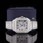 Fully Iced Out Rainbow Roman Numerals Moissanite Diamond Watch Close Up Dial View