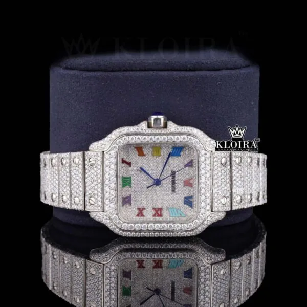 Fully Iced Out Rainbow Roman Numerals Moissanite Diamond Watch Close Up Dial View