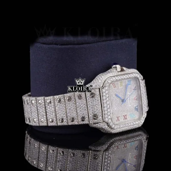 Fully Iced Out Rainbow Roman Numerals Moissanite Diamond Watch Right Profile View