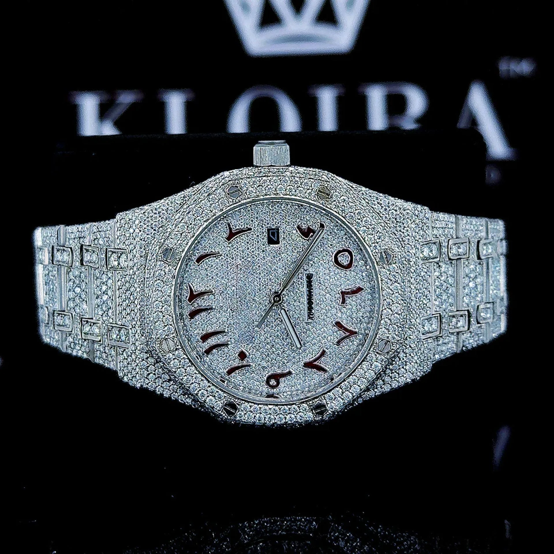 AP Fully Iced Out Moissanite Watch with Red Arabic Numerals and White Dial