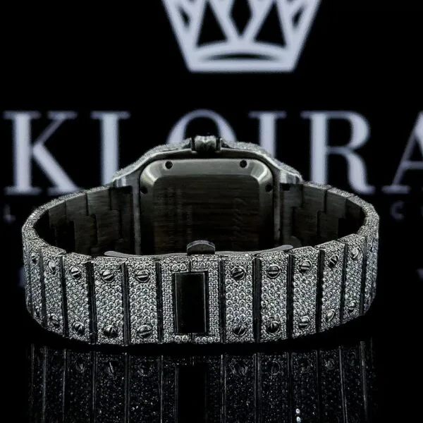 Fully Iced Out Red Dial Roman Numerals Moissanite Diamond Watch Caseback View