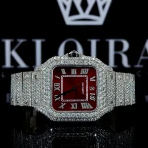 Cartior Fully Iced Out Red Dial Moissanite Watch